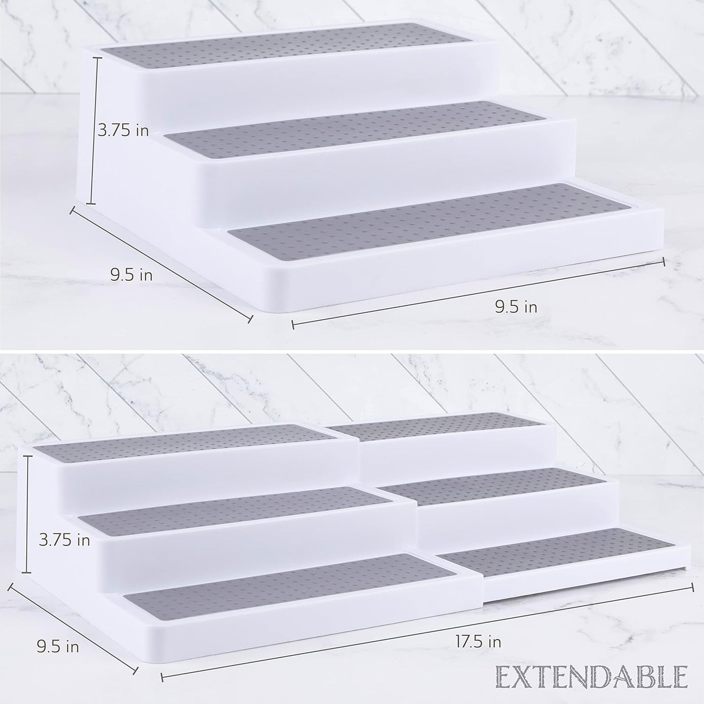 3–Tier Expandable Plastic Spice Rack - Adjustable Length, Stability with Non-Skid Shelf, Three Tiers for Easy Visibility, Organizer for Kitchen Cabinet, Pantry or Countertop, White/Grey
