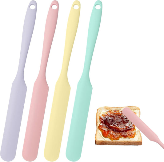4 Pcs Jar Spatula, Purple/Pink/Green/Yellow | Long Handle, Sourdough Scraper for Jars, Baking & Cake Icing, Cream, Butter & Batter Kitchen Tool Set, Non-Slip Grip