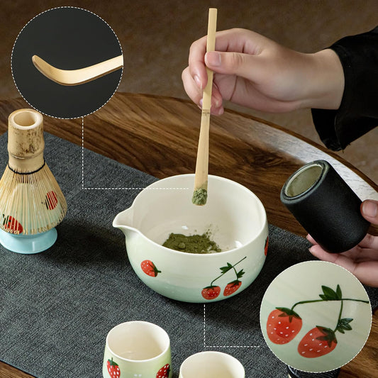 Matcha Whisk Set with Spout, Bowl & Holder, Cute Ceramic Teacups-Strawberry | Chasen Whisk included,Matcha Bowl Spout,Bamboo Scoop&Holder,Ceramic Teacups Set,Strawberry Design Gift, Matcha Starter Kit