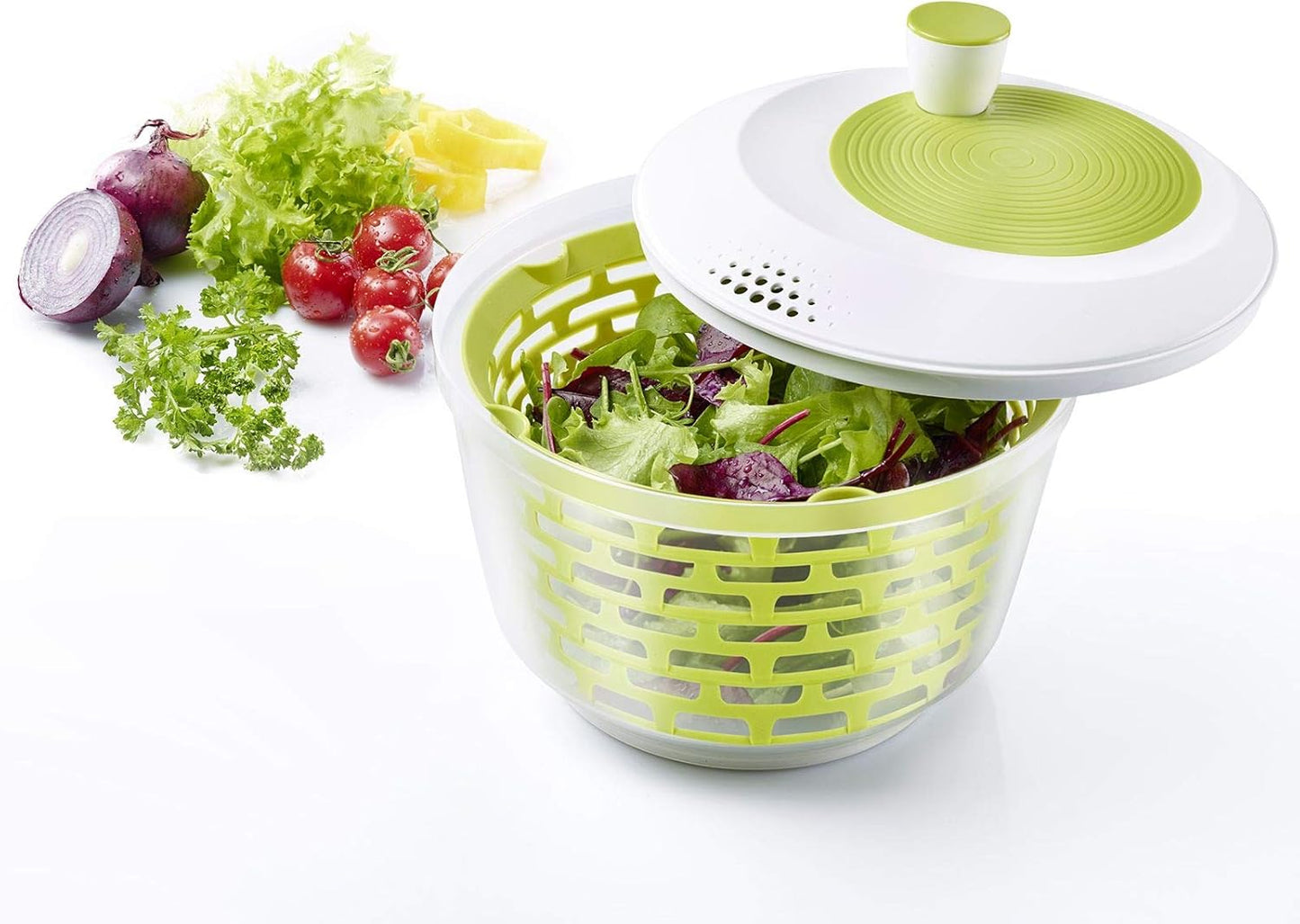 Salad Spinner, Capacity: 4.4 litres, ø 23.5 cm, Plastic, BPA-Free, Spinderella, Colour: Transparent/White/Green, 243022E1
