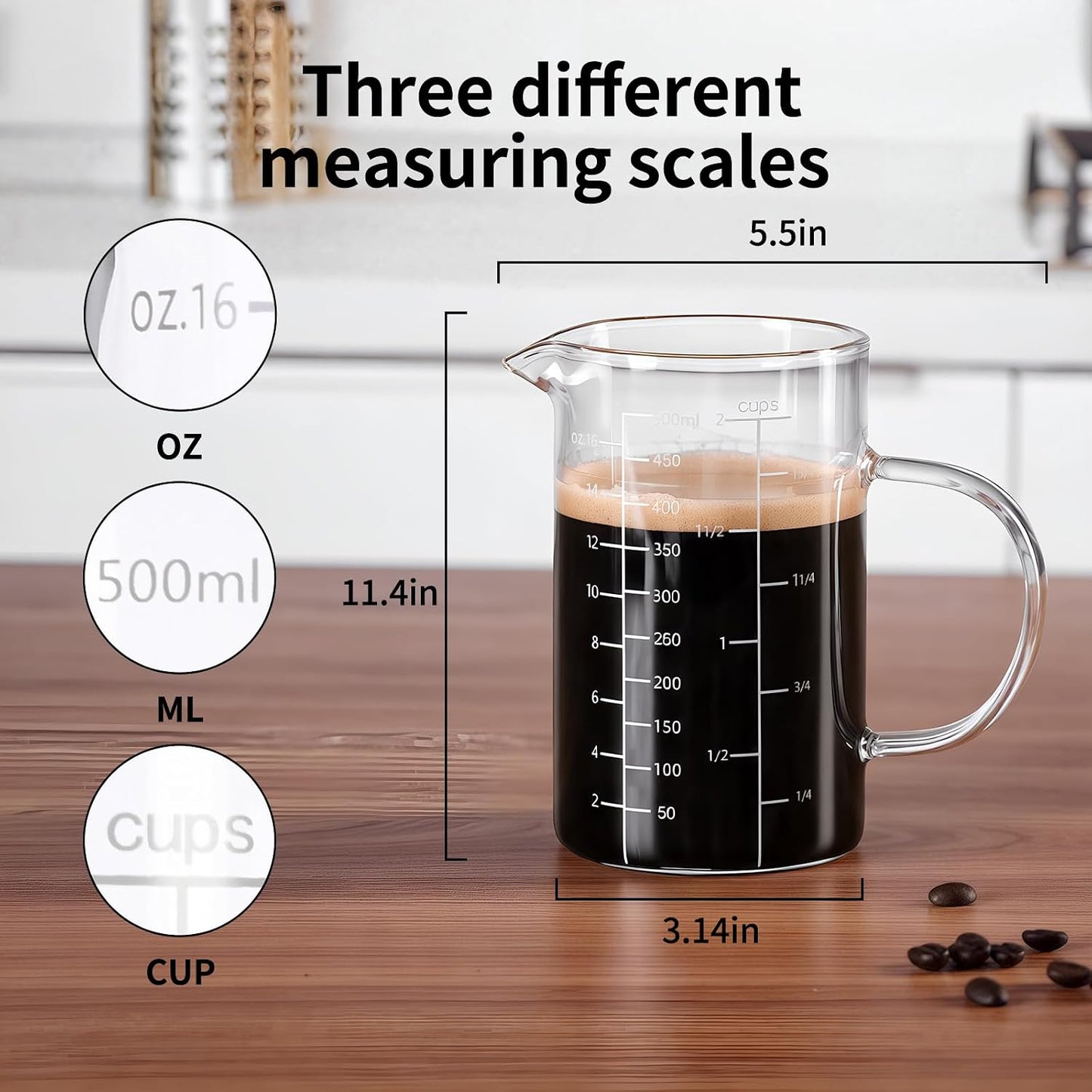Glass Measuring Cup, 500ML (18OZ, 2 Cups), with Three Scales | V-Shaped Mouth Measuring Cup, High Borosilicate Glass Liquid Measuring Cups, Suitable for Kitchen and Restaurant.
