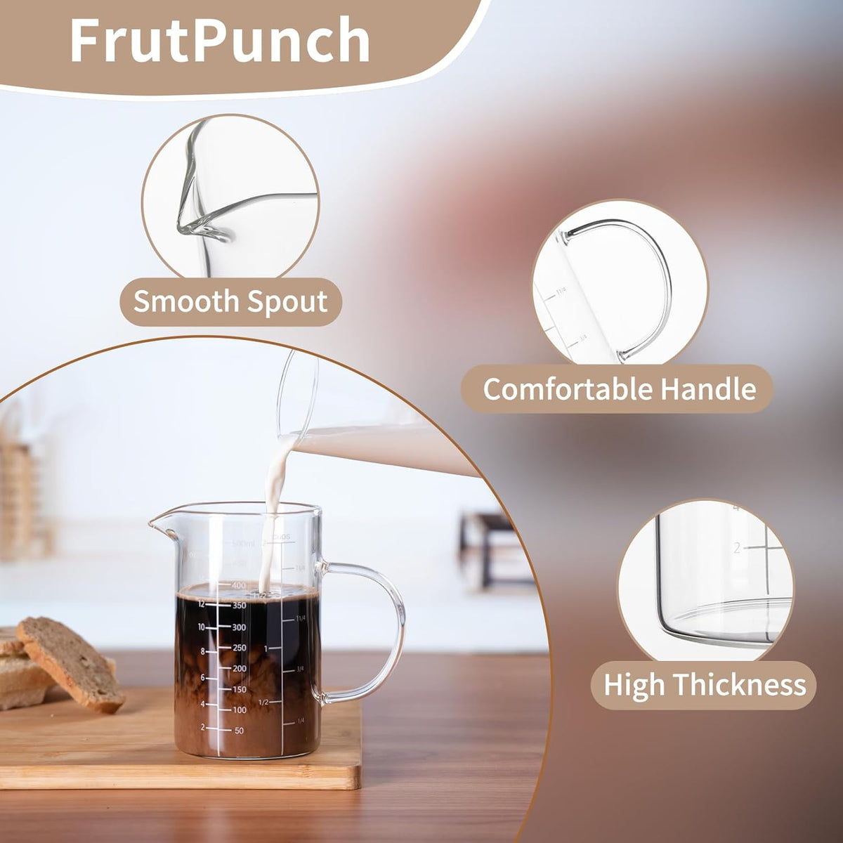 Glass Measuring Cup, 500ML (18OZ, 2 Cups), with Three Scales | V-Shaped Mouth Measuring Cup, High Borosilicate Glass Liquid Measuring Cups, Suitable for Kitchen and Restaurant.