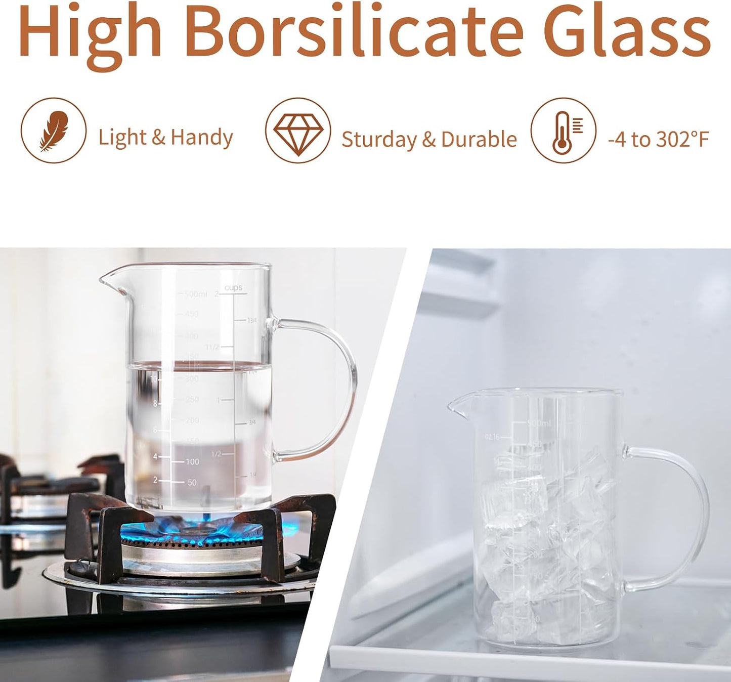 Glass Measuring Cup, 500ML (18OZ, 2 Cups), with Three Scales | V-Shaped Mouth Measuring Cup, High Borosilicate Glass Liquid Measuring Cups, Suitable for Kitchen and Restaurant.