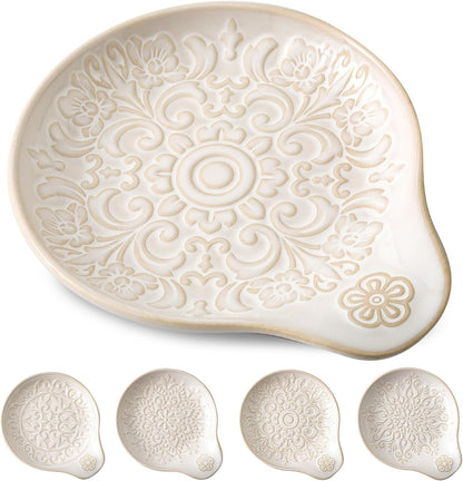 Farmhouse Ceramic Spoon Rests Holder for Kitchen Counter Stove Top (White-A1)