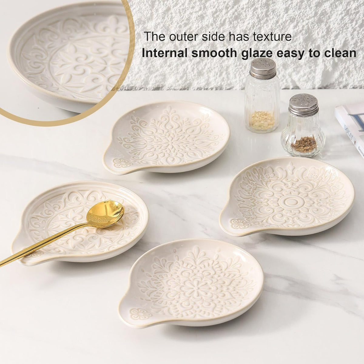 Farmhouse Ceramic Spoon Rests Holder for Kitchen Counter Stove Top (White-A1)