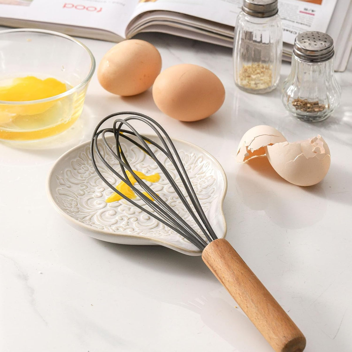Farmhouse Ceramic Spoon Rests Holder for Kitchen Counter Stove Top (White-A1)