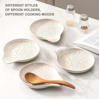 Farmhouse Ceramic Spoon Rests Holder for Kitchen Counter Stove Top (White-A1)