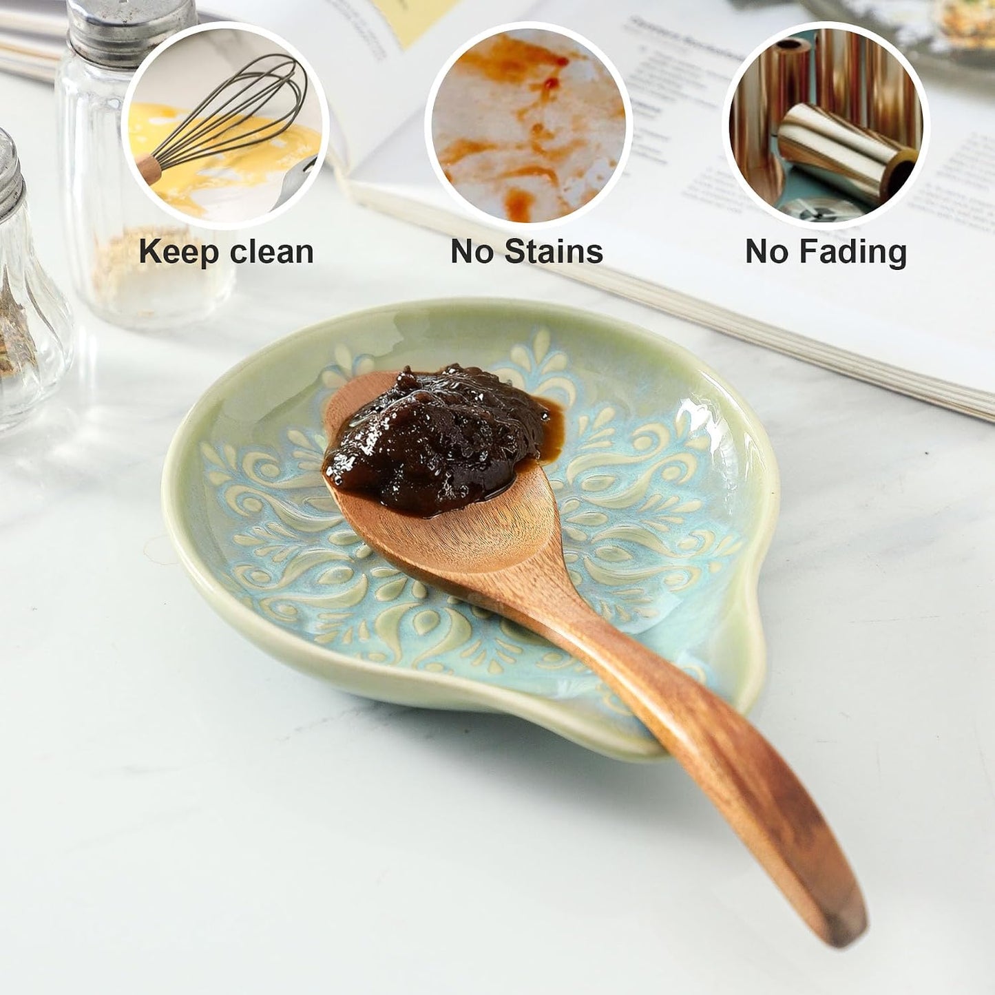 Farmhouse Ceramic Spoon Rests Holder for Kitchen Counter Stove Top (White-A1)