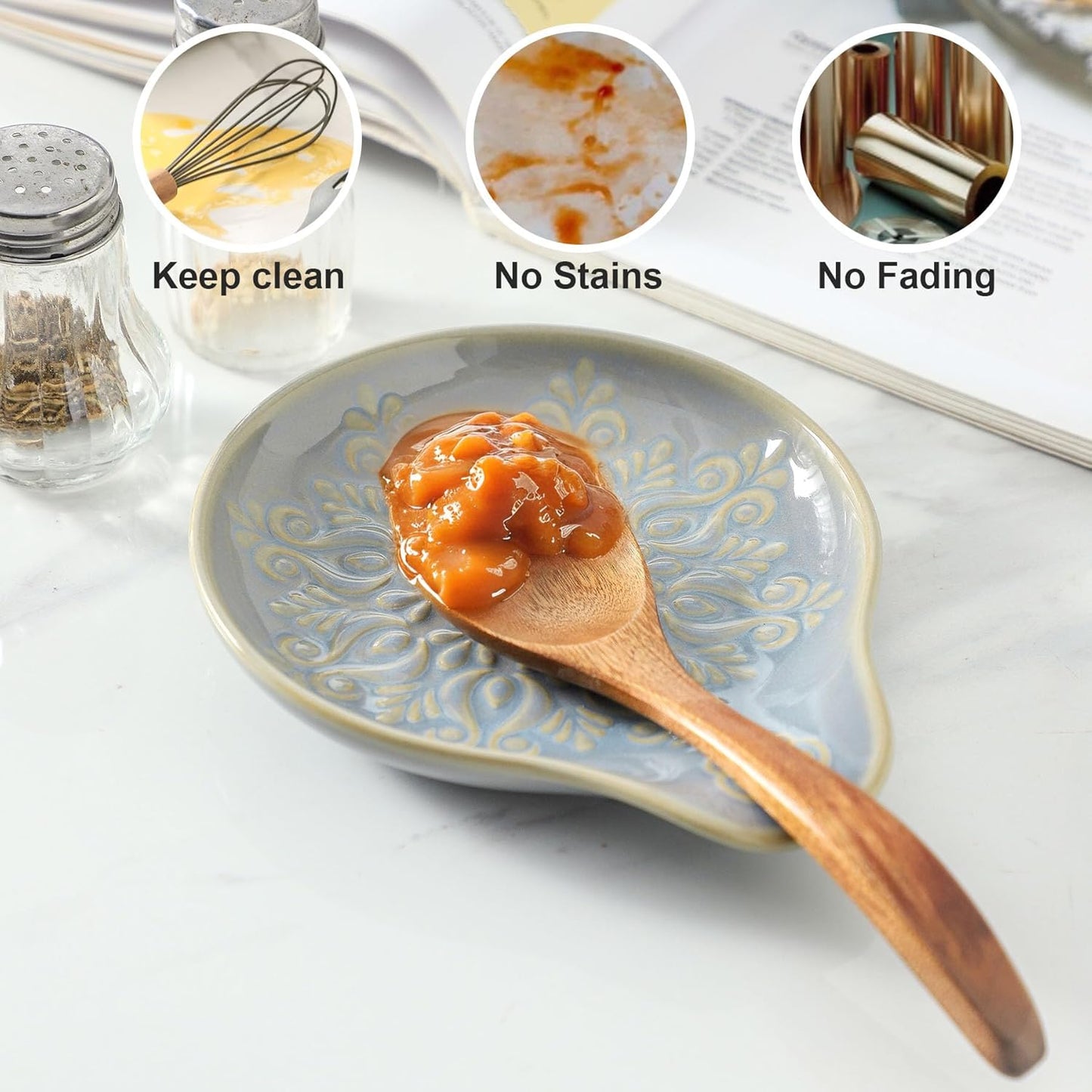 Farmhouse Ceramic Spoon Rests Holder for Kitchen Counter Stove Top (White-A1)