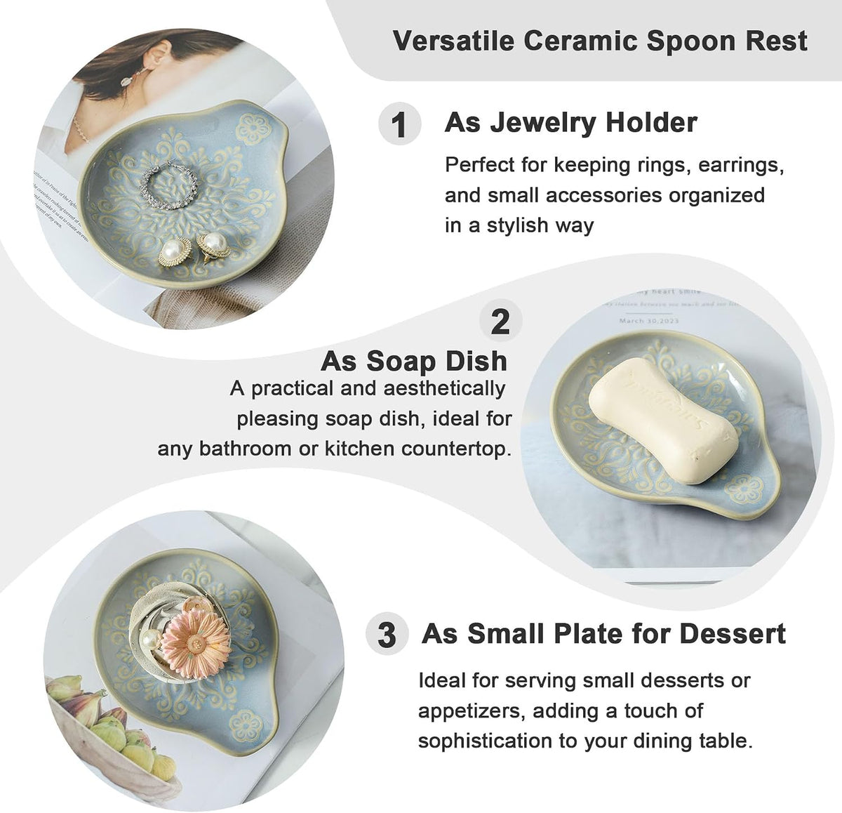 Farmhouse Ceramic Spoon Rests Holder for Kitchen Counter Stove Top (White-A1)