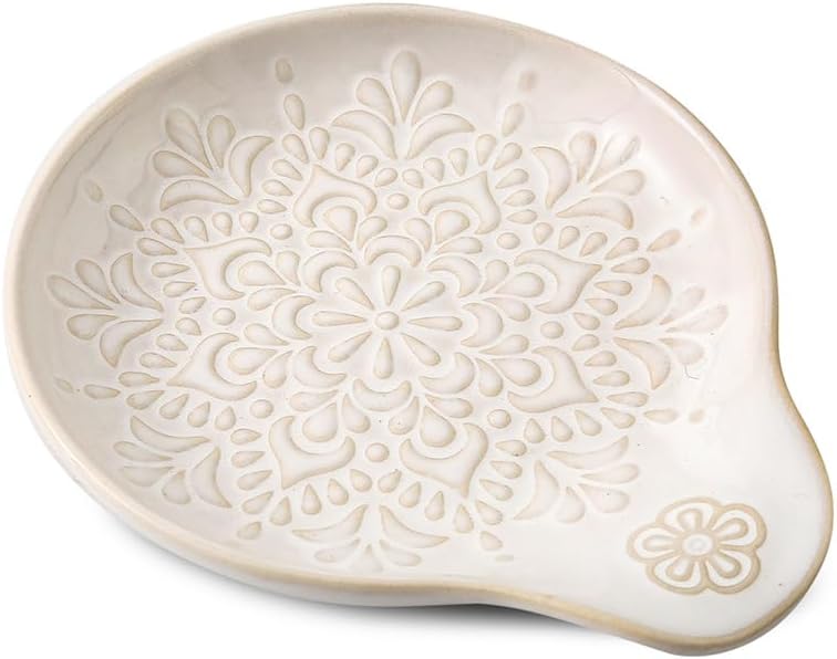 Farmhouse Ceramic Spoon Rests Holder for Kitchen Counter Stove Top (White-A1)