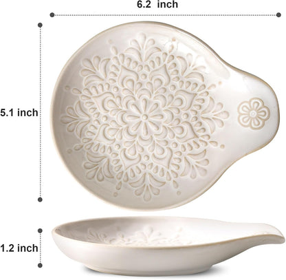 Farmhouse Ceramic Spoon Rests Holder for Kitchen Counter Stove Top (White-A1)