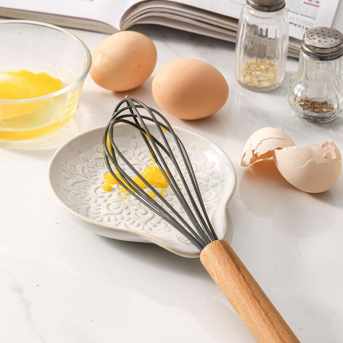 Farmhouse Ceramic Spoon Rests Holder for Kitchen Counter Stove Top (White-A1)
