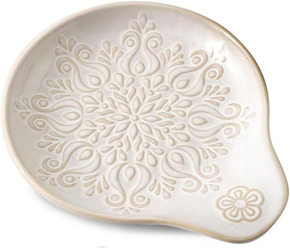Farmhouse Ceramic Spoon Rests Holder for Kitchen Counter Stove Top (White-A1)