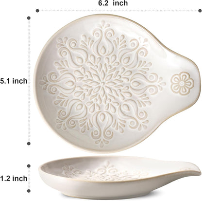 Farmhouse Ceramic Spoon Rests Holder for Kitchen Counter Stove Top (White-A1)