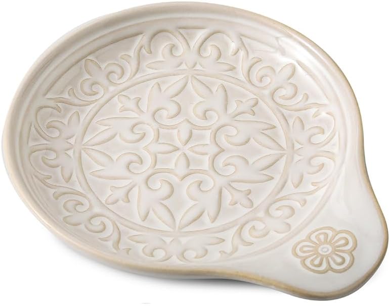Farmhouse Ceramic Spoon Rests Holder for Kitchen Counter Stove Top (White-A1)