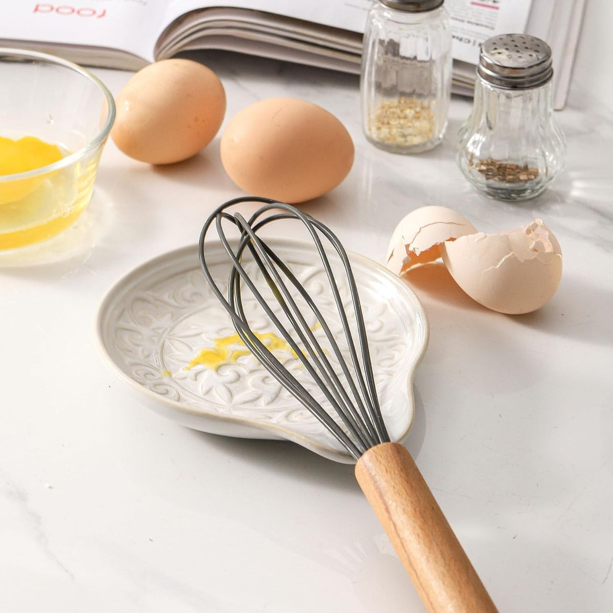 Farmhouse Ceramic Spoon Rests Holder for Kitchen Counter Stove Top (White-A1)