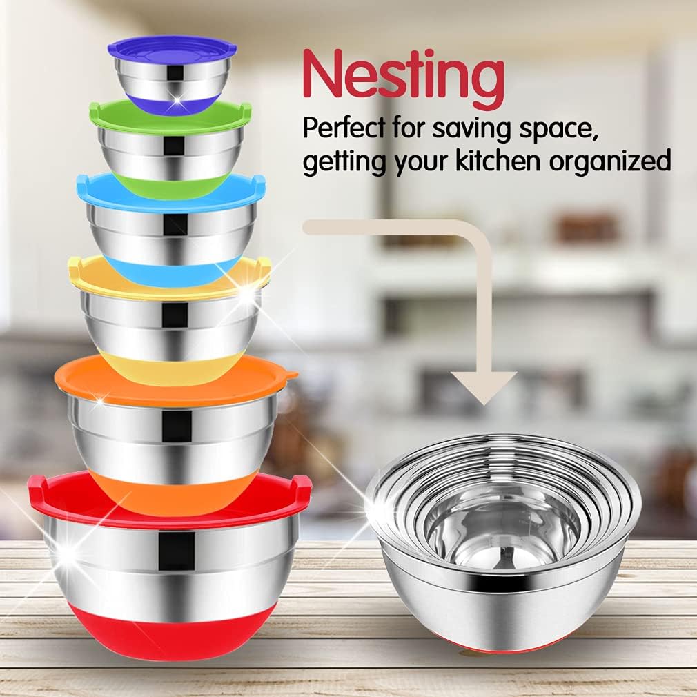 Mixing Bowls Set with Airtight Lids: 20PCS Stainless Steel Nesting Bowls - Size 7, 4, 3, 2, 1.5, 1QT Bowls with 3 Grater Attachments & Non-Slip Bottoms for Baking & Prepping