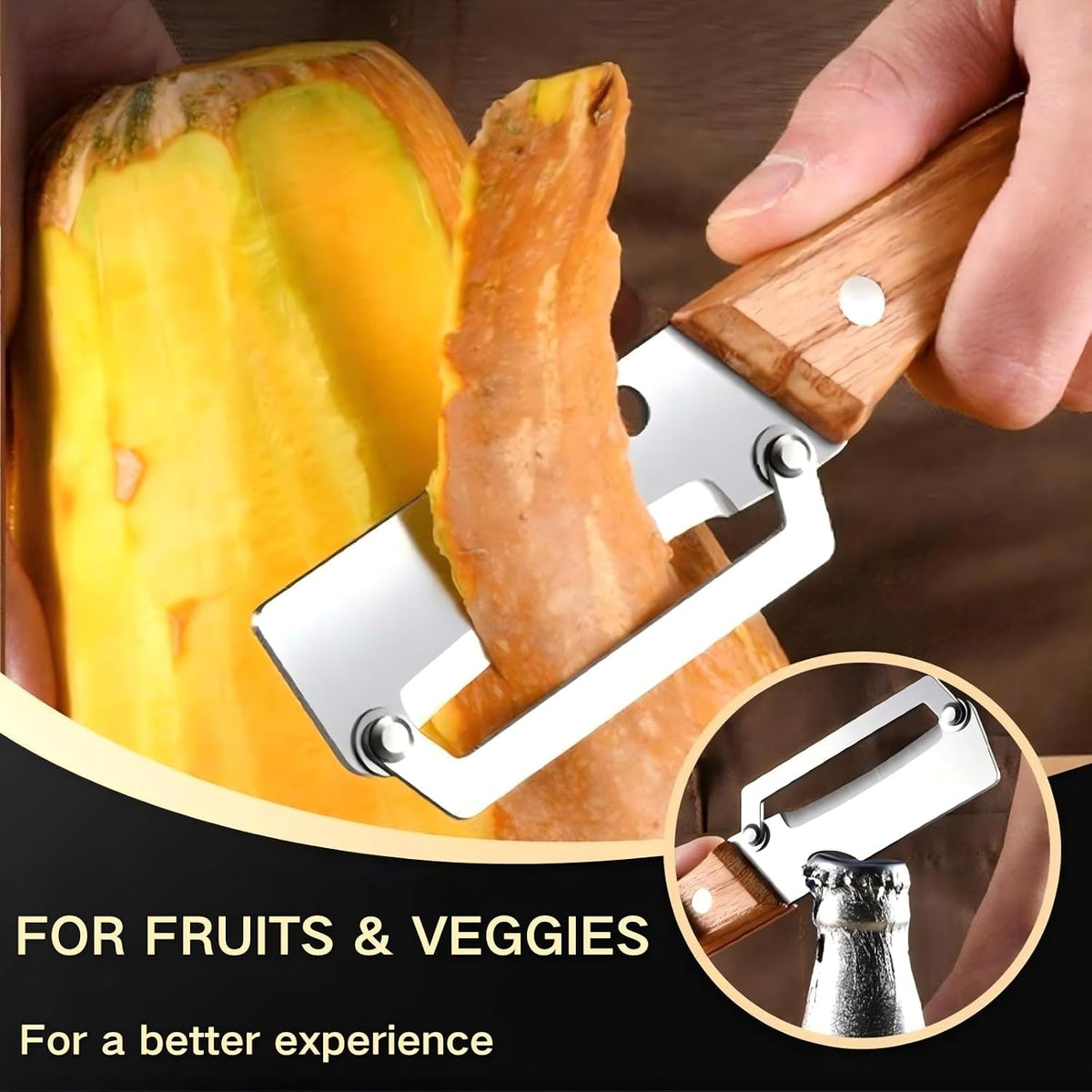 Multi-Functional Vegetable Peeler for Kitchen, 2026 New Stainless Steel Blade with Wooden Handle and Bottle Opener, Kitchen Tool for Vegetables Fruits Pumpkin, Gifts for Mom