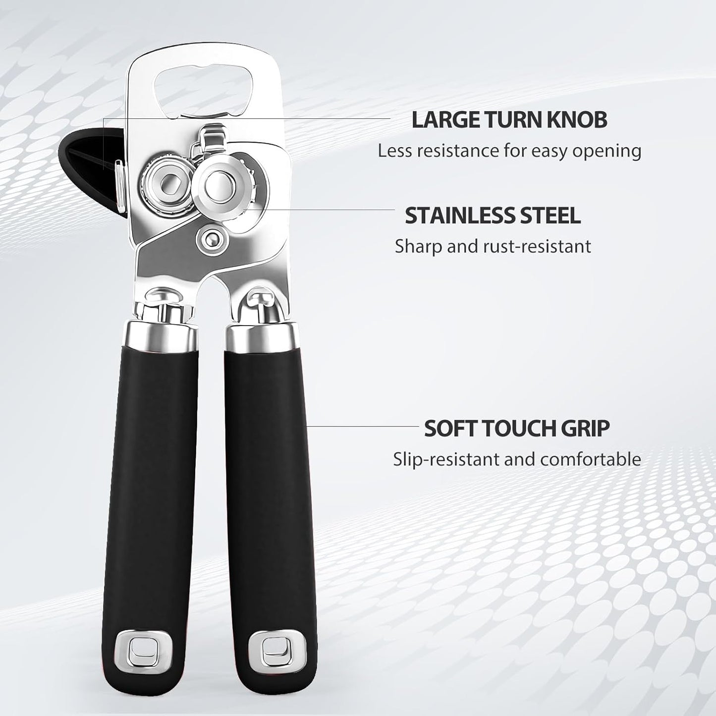 Can Opener Manual, Heavy Duty Stainless Steel Smooth Edge Can Openers With Soft Touch Handle, Oversized Handheld Easy Turn Knob, Multi-Function Bottle Opener, Black