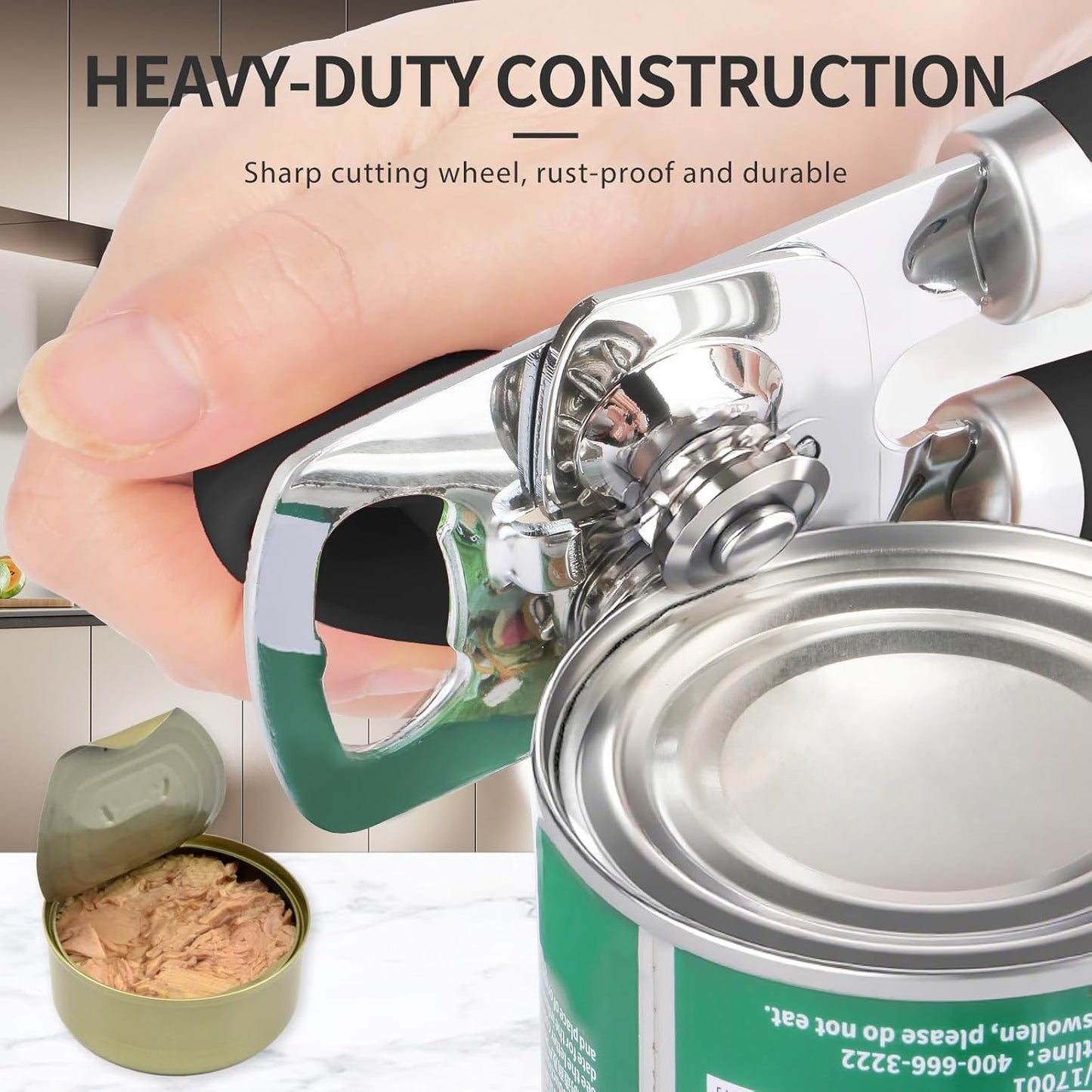 Can Opener Manual, Heavy Duty Stainless Steel Smooth Edge Can Openers With Soft Touch Handle, Oversized Handheld Easy Turn Knob, Multi-Function Bottle Opener, Black