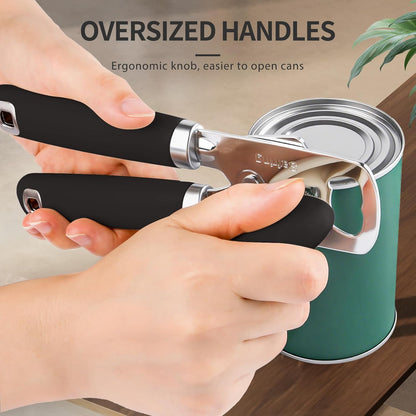 Can Opener Manual, Heavy Duty Stainless Steel Smooth Edge Can Openers With Soft Touch Handle, Oversized Handheld Easy Turn Knob, Multi-Function Bottle Opener, Black
