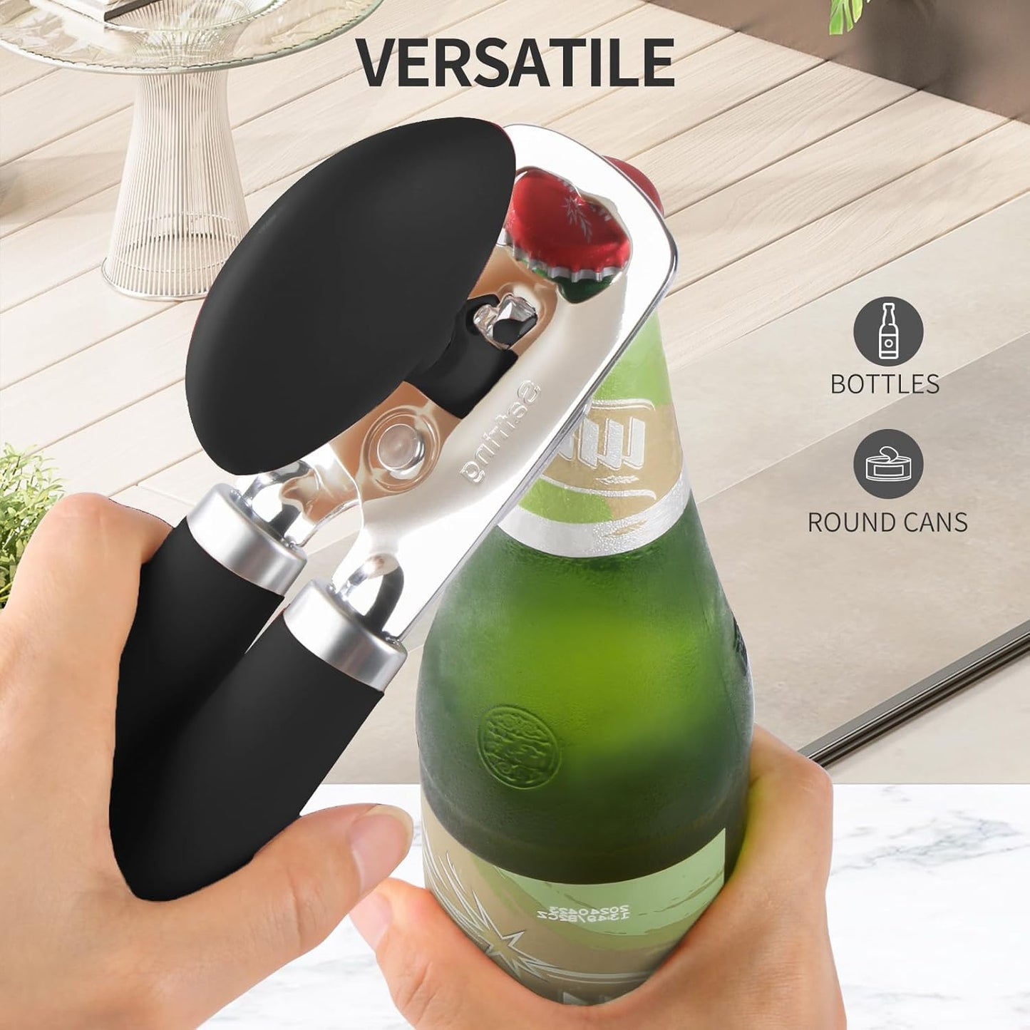 Can Opener Manual, Heavy Duty Stainless Steel Smooth Edge Can Openers With Soft Touch Handle, Oversized Handheld Easy Turn Knob, Multi-Function Bottle Opener, Black