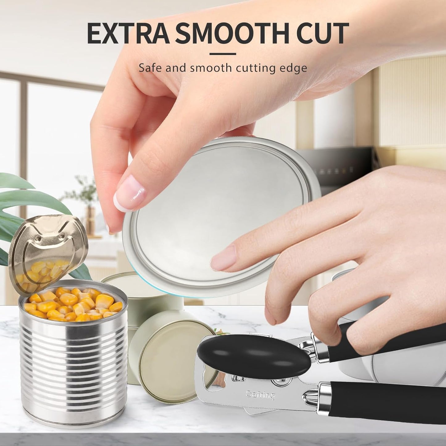 Can Opener Manual, Heavy Duty Stainless Steel Smooth Edge Can Openers With Soft Touch Handle, Oversized Handheld Easy Turn Knob, Multi-Function Bottle Opener, Black