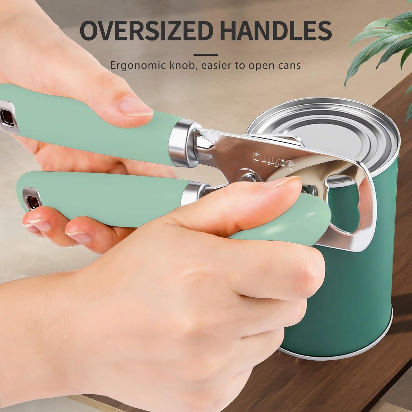 Can Opener Manual, Heavy Duty Stainless Steel Smooth Edge Can Openers With Soft Touch Handle, Oversized Handheld Easy Turn Knob, Multi-Function Bottle Opener, Black