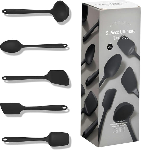 5-Piece Silicone Ultimate Kitchen Utensils Set - Ladle, Spatula, Flip, Spoon & Spoonula - Non-Toxic Cooking Utensils for Nonstick Cookware, Cooking and Baking - Black