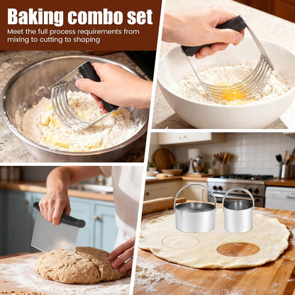 Stainless Steel Biscuit Cutter Set, Ergonomic Pastry Scraper and Dough Blender with Non Slip Grip for Biscuits Pie Cookies(style 1)