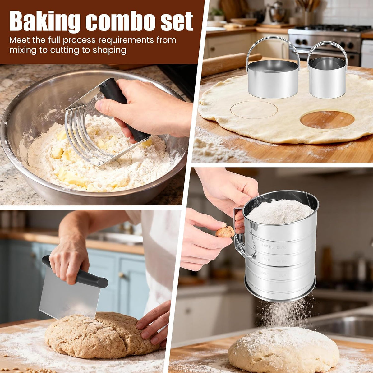 Stainless Steel Biscuit Cutter Set, Ergonomic Pastry Scraper and Dough Blender with Non Slip Grip for Biscuits Pie Cookies(style 1)
