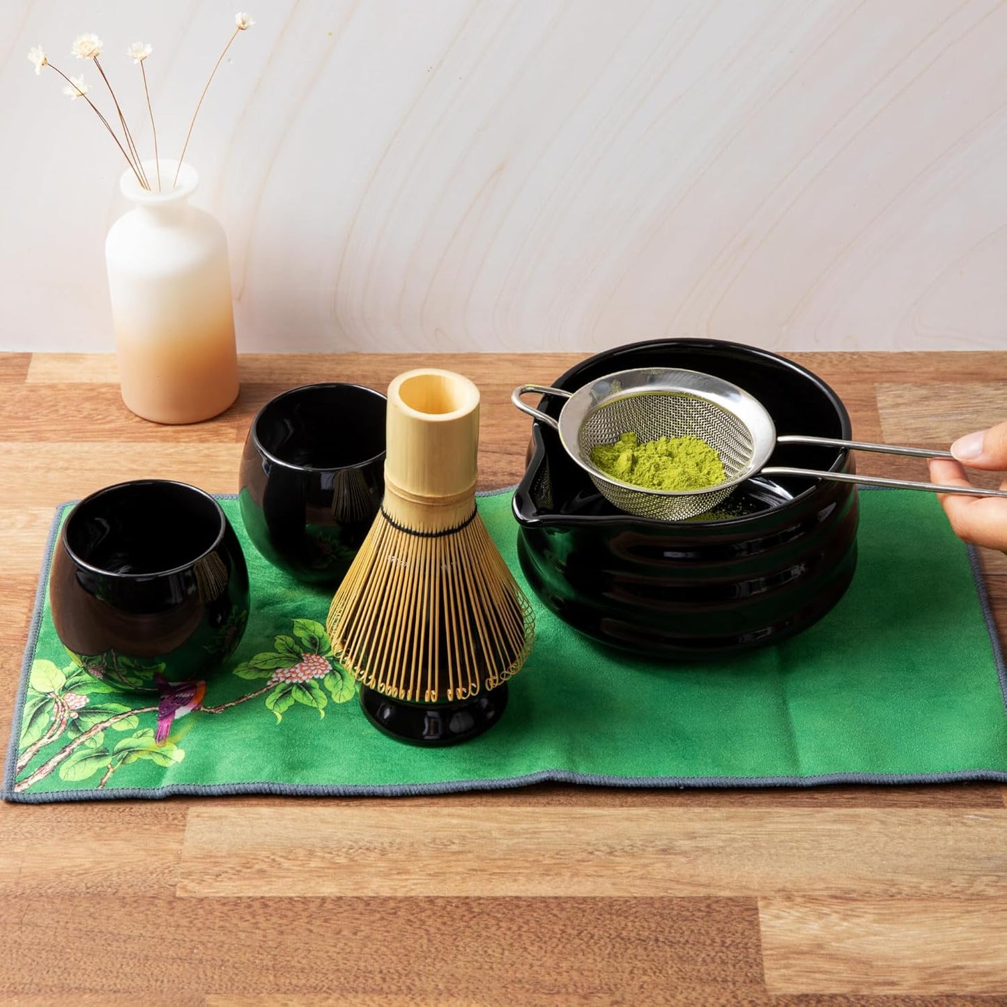 Whisk Set- Matcha Set includes Matcha Whisk and Bowl (Bowl with Spout), Sifter, Holder and Scoop- The Perfect Bamboo Whisk for Matcha Tea (Molted Green)