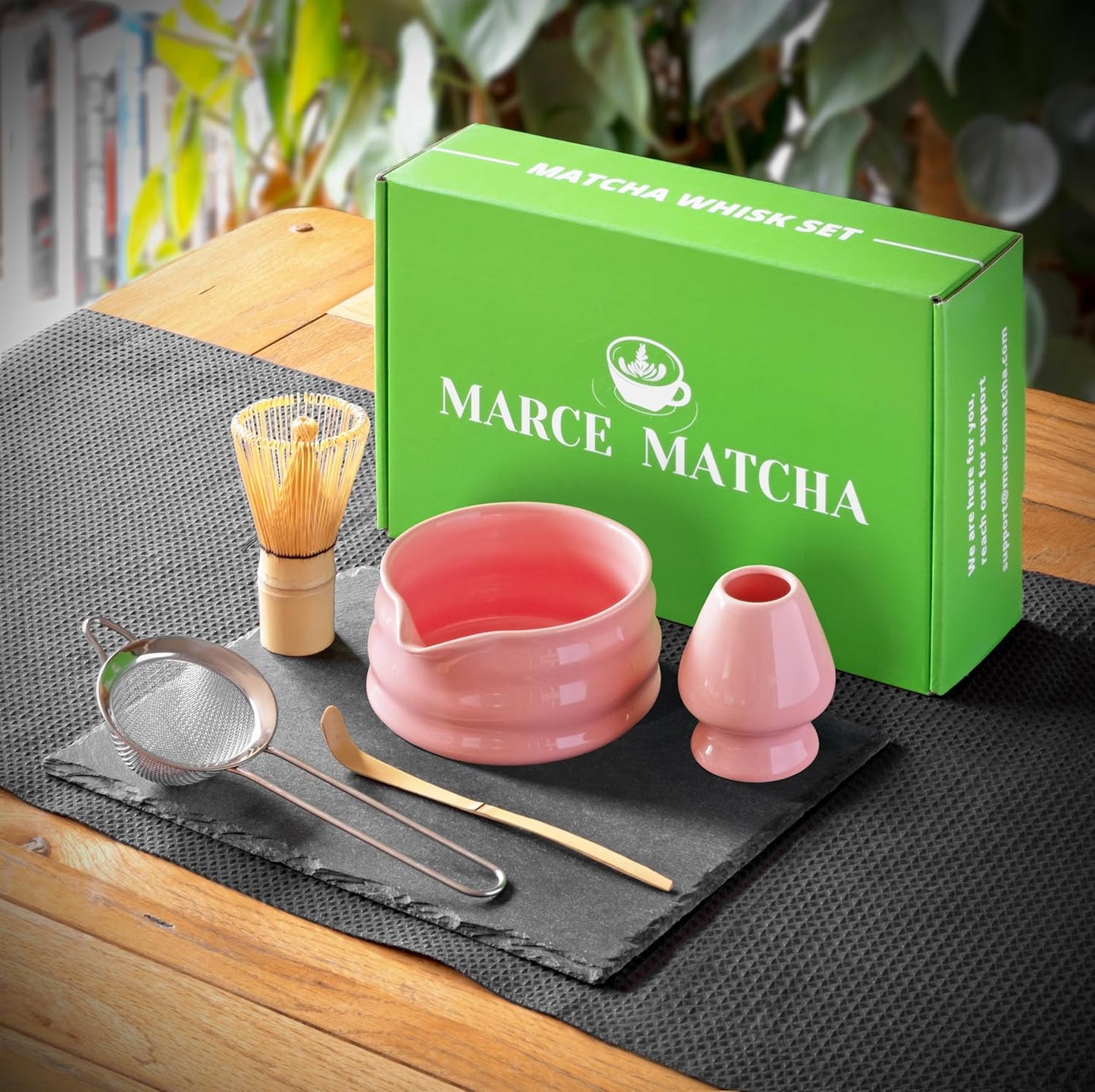 Whisk Set- Matcha Set includes Matcha Whisk and Bowl (Bowl with Spout), Sifter, Holder and Scoop- The Perfect Bamboo Whisk for Matcha Tea (Molted Green)