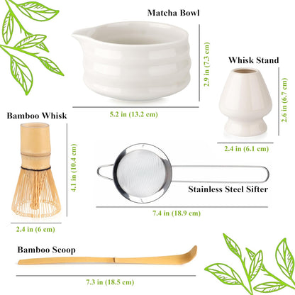 Whisk Set- Matcha Set includes Matcha Whisk and Bowl (Bowl with Spout), Sifter, Holder and Scoop- The Perfect Bamboo Whisk for Matcha Tea (Molted Green)