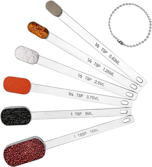 Long Handle Measuring Spoons Set of 6, Stainless Steel Measure Teaspoons | High Precision, Food-Grade, ‌Rust-Free, Dishwasher-Safe, Easy-Read Markings, Multi-Purpose, Sturdy & Durable