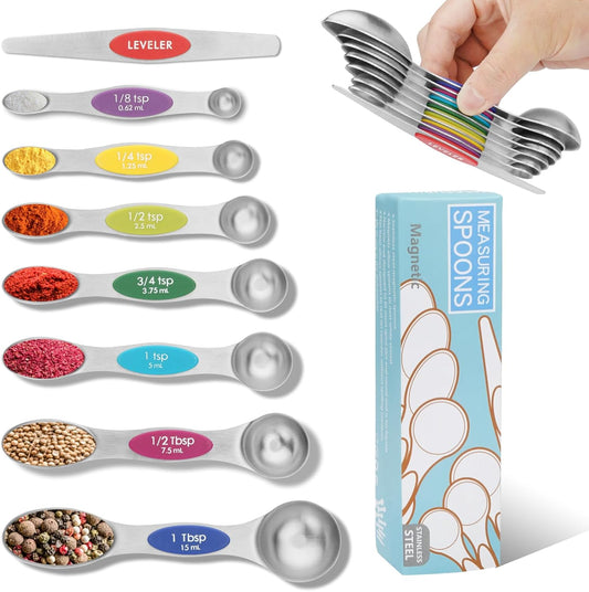 Magnetic Measuring Spoons Set of 8 with Leveler Stainless Steel Dual Sided Teaspoon and Tablespoon Stackable Fits in Most Kitchen Spice Jar(Color）