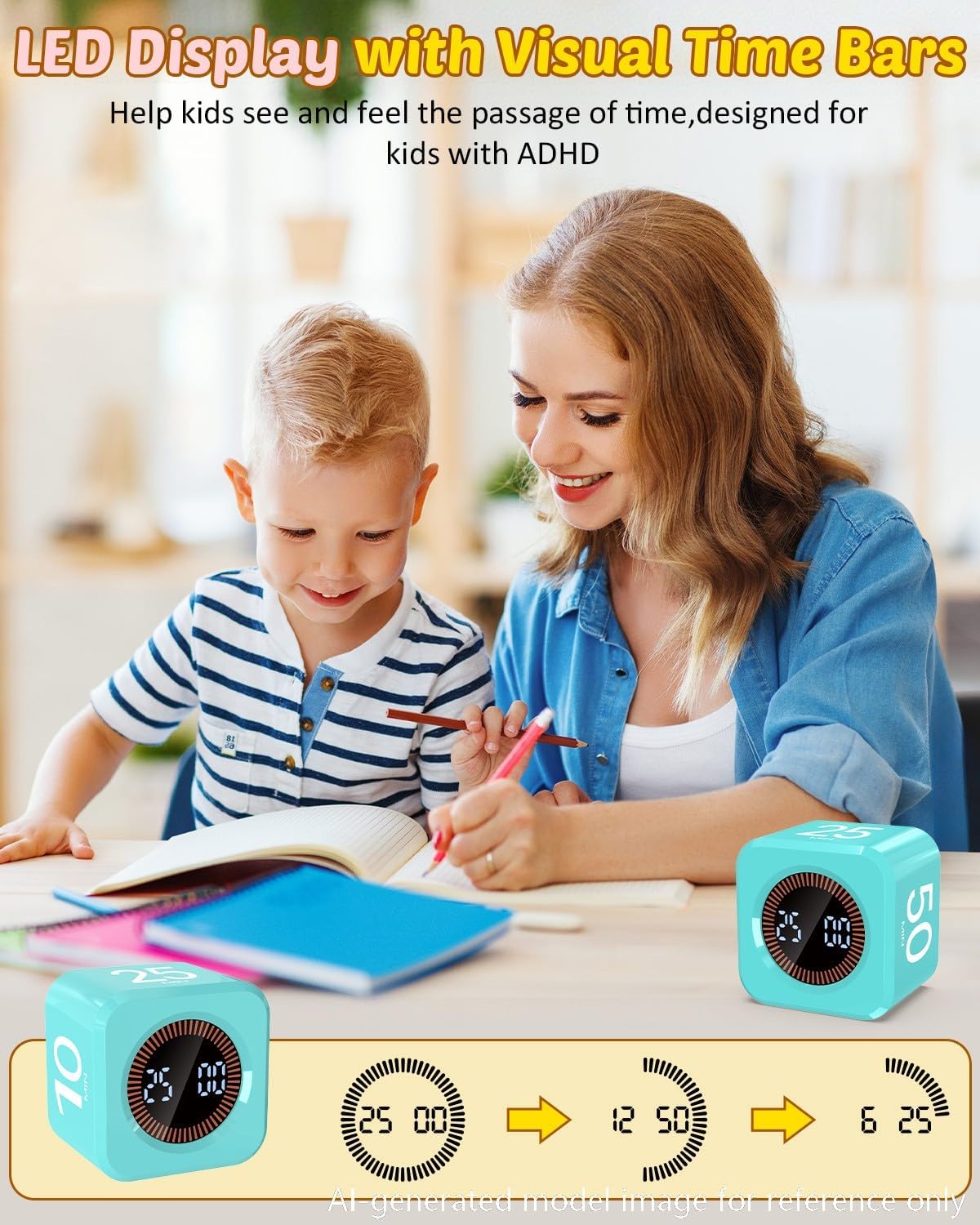 Digital Pomodoro Timer Cube 5/10/25/50min Preset, Silent & Sound Alarm | Visual Productivity Flip Timer for Kids Classroom Desk, Custom Countdown, Gravity Sensor, for ADHD Study Work Game Kitchen