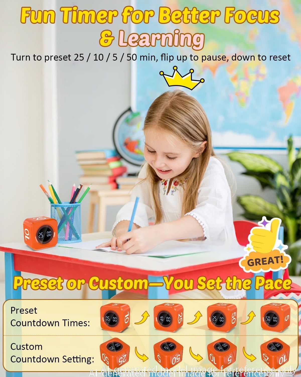 Digital Pomodoro Timer Cube 5/10/25/50min Preset, Silent & Sound Alarm | Visual Productivity Flip Timer for Kids Classroom Desk, Custom Countdown, Gravity Sensor, for ADHD Study Work Game Kitchen