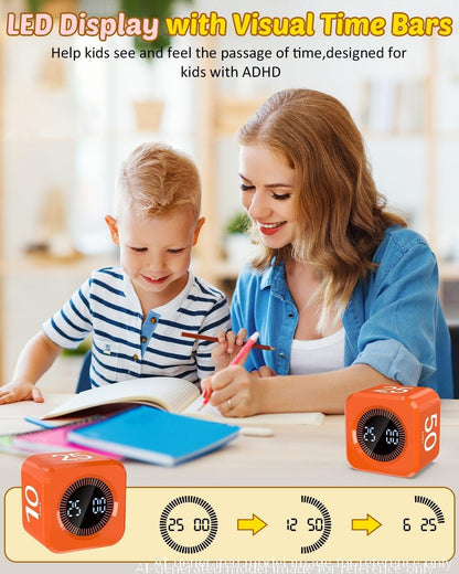 Digital Pomodoro Timer Cube 5/10/25/50min Preset, Silent & Sound Alarm | Visual Productivity Flip Timer for Kids Classroom Desk, Custom Countdown, Gravity Sensor, for ADHD Study Work Game Kitchen