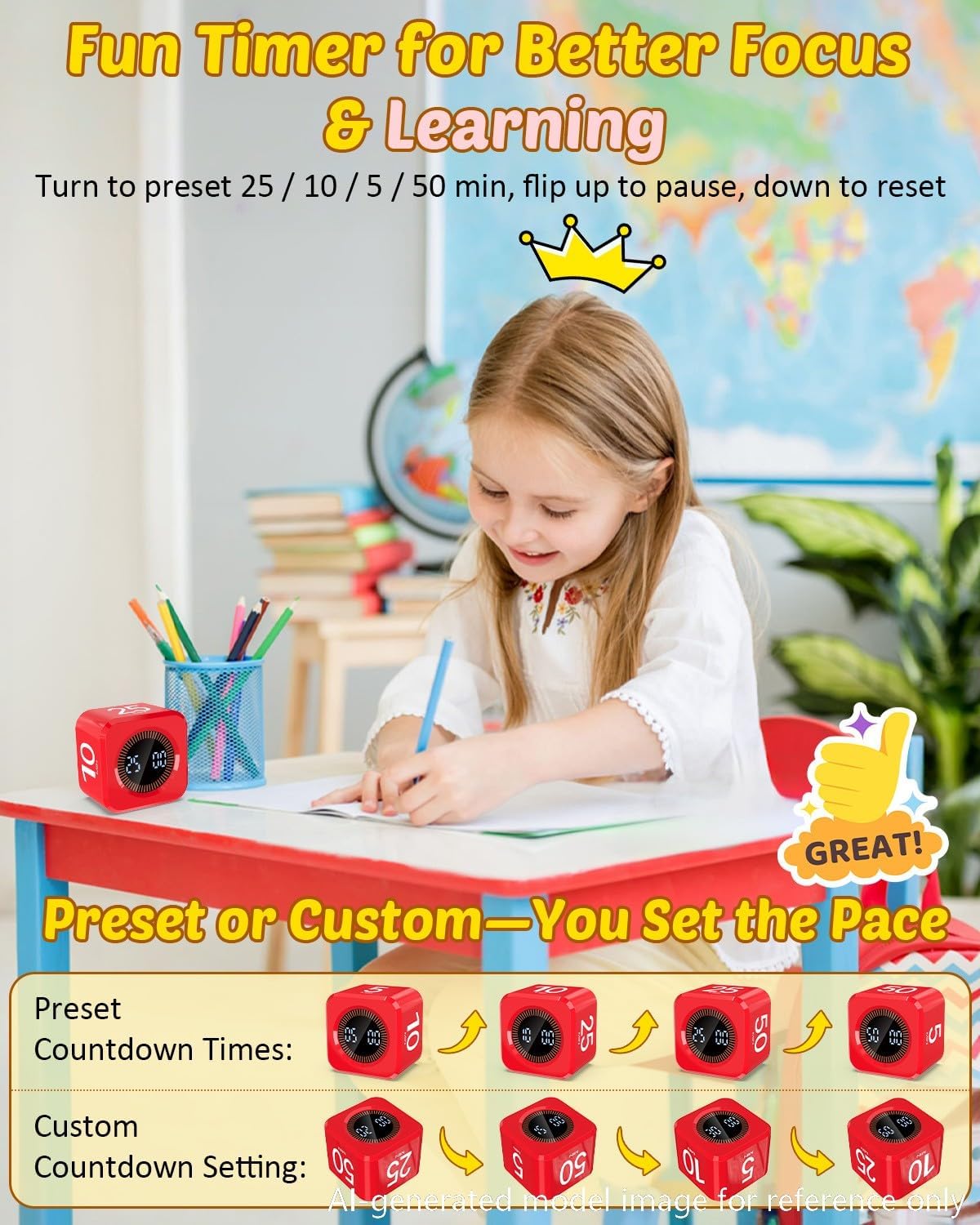 Digital Pomodoro Timer Cube 5/10/25/50min Preset, Silent & Sound Alarm | Visual Productivity Flip Timer for Kids Classroom Desk, Custom Countdown, Gravity Sensor, for ADHD Study Work Game Kitchen