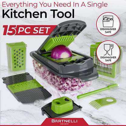 Vegetable Chopper Food Slicer Pro | 15 Pc MultiFuctional Kitchen Gadgets for Onion, Veggie, Cheese Grater, Vegetables Cutter With Large Container, Easy to Clean, With Bonus Brush and Fork