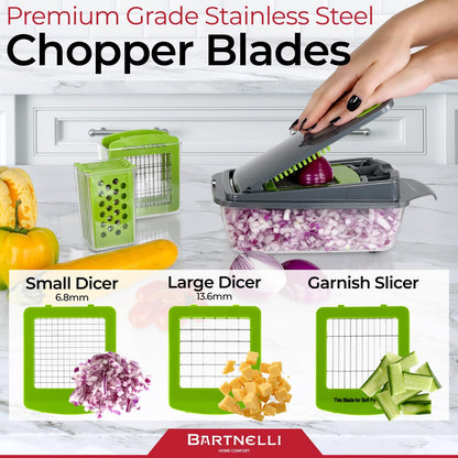 Vegetable Chopper Food Slicer Pro | 15 Pc MultiFuctional Kitchen Gadgets for Onion, Veggie, Cheese Grater, Vegetables Cutter With Large Container, Easy to Clean, With Bonus Brush and Fork