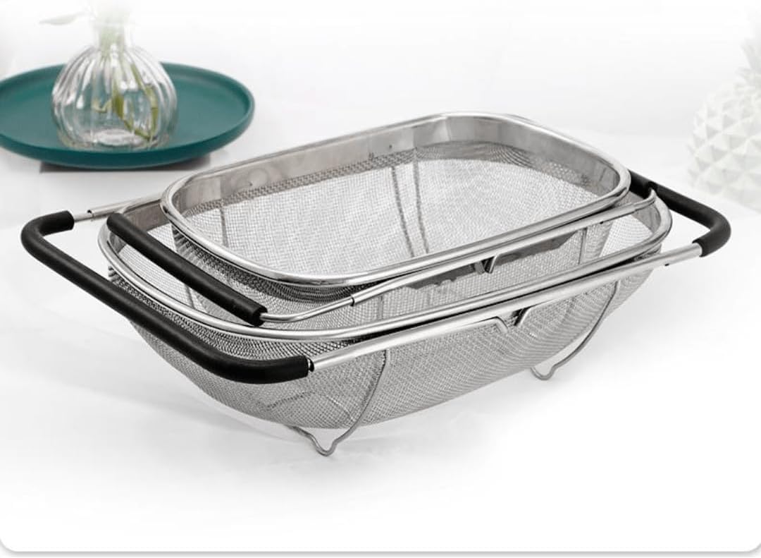 4qt Stainless Steel Oval Strainer Basket Colander, Over The Sink Fine Mesh Expandable, Colander For Kitchen Sink, Vegetables, Strain, Drain, Rinse Fruits (4 Quart Strainer Basket)