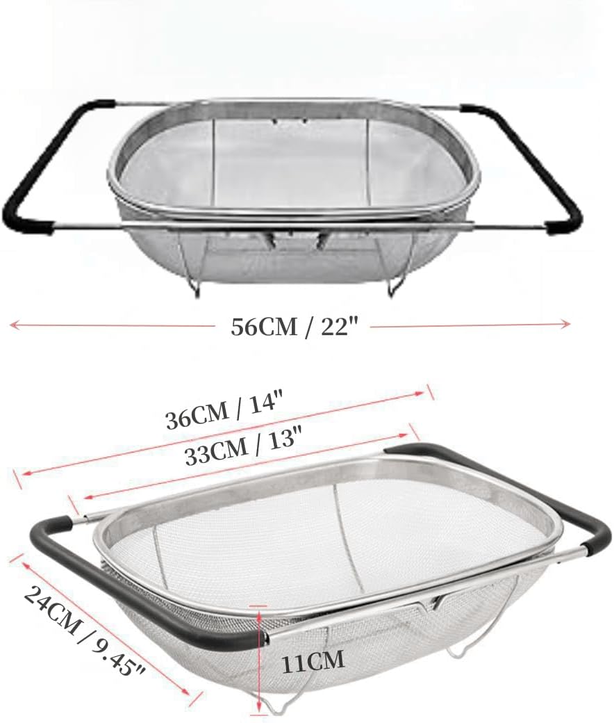 4qt Stainless Steel Oval Strainer Basket Colander, Over The Sink Fine Mesh Expandable, Colander For Kitchen Sink, Vegetables, Strain, Drain, Rinse Fruits (4 Quart Strainer Basket)
