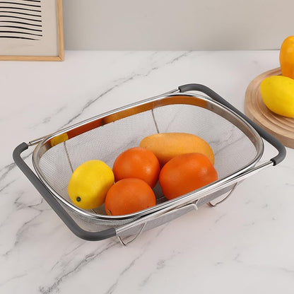 4qt Stainless Steel Oval Strainer Basket Colander, Over The Sink Fine Mesh Expandable, Colander For Kitchen Sink, Vegetables, Strain, Drain, Rinse Fruits (4 Quart Strainer Basket)