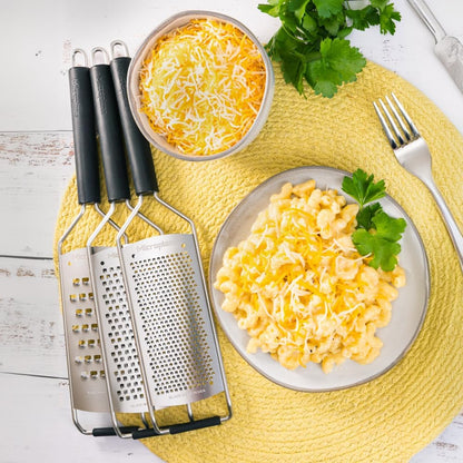 Savor Series Kitchen Grater Fine in Black for Hard Cheese Parmesan, Citrus Lemon, Orange, Lime, Ginger, Nutmeg, Cinnamon, Garlic, Chili, Chocolate - Stainless Steel Grater Made in USA