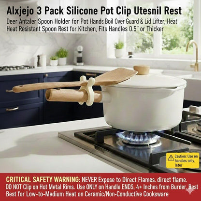 3 Pack Silicone Pot Clip Utensil Rest, Deer Antler Spoon Holder for Pot Handles, Boil Over Guard & Lid Lifter, Heat Resistant Spoon Rest for Kitchen, Fits Handles 0.5" or Thicker (Yellow-3PCS)