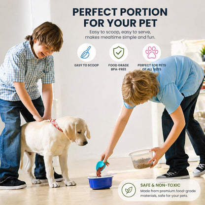 Dog Food Scoop Set of 4 - Plastic Measuring Cups for Dog, Cat and Bird Food (Random Color) | 4 Measuring Cup Sizes, 1 Cup 1/2 Cup 1/3 Cup 1/4 Cup, Flat Base, Stackable Storage, Random Color