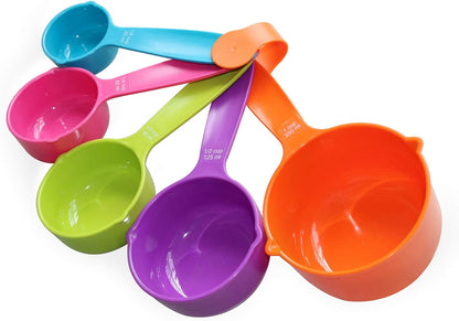 Dog Food Scoop Set of 4 - Plastic Measuring Cups for Dog, Cat and Bird Food (Random Color) | 4 Measuring Cup Sizes, 1 Cup 1/2 Cup 1/3 Cup 1/4 Cup, Flat Base, Stackable Storage, Random Color